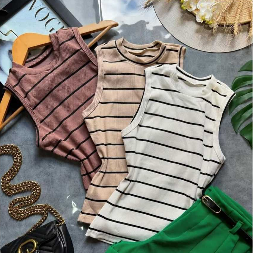Regata Feminina Blusa Listrada Americana Canelado / Ribana grosso Tendência Verão Promoção