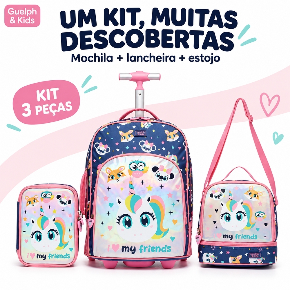 Guelph Kit Mochila Escolar Infantil de Rodinhas 3 Peças Rosa com Lancheira Térmica e Estojo 31L