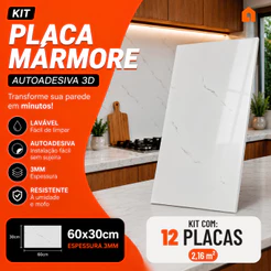 Kit 12 Placas Mármore Vinílico Adesivo 60x30 Parede Decoração Lavável