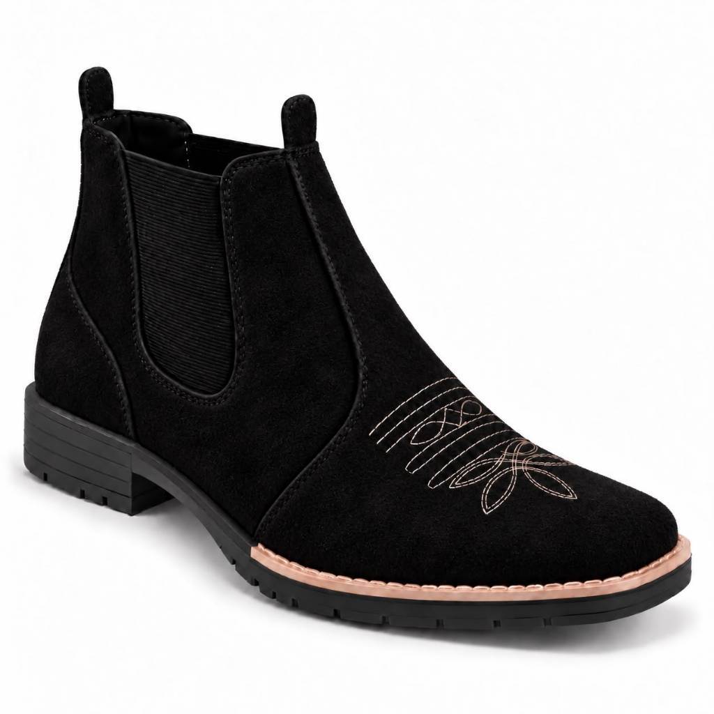 Bota Country Feminina Botina Texana Preta Camurça Bordado Cano Curto Confortável Encast