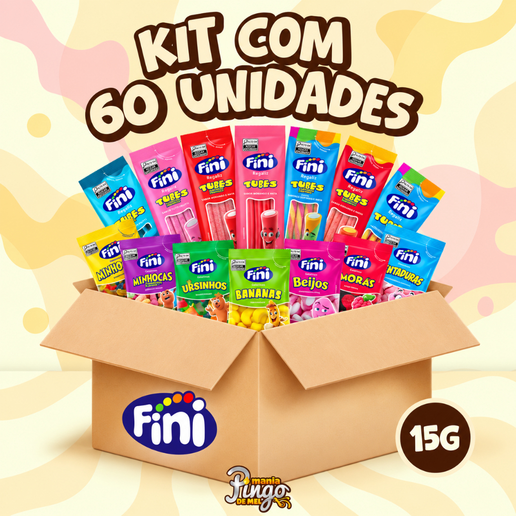 Kit C/60un Balas Fini Sabores Variados Balas de Gelatinas Tubes Cítricas Azedinhas 15g