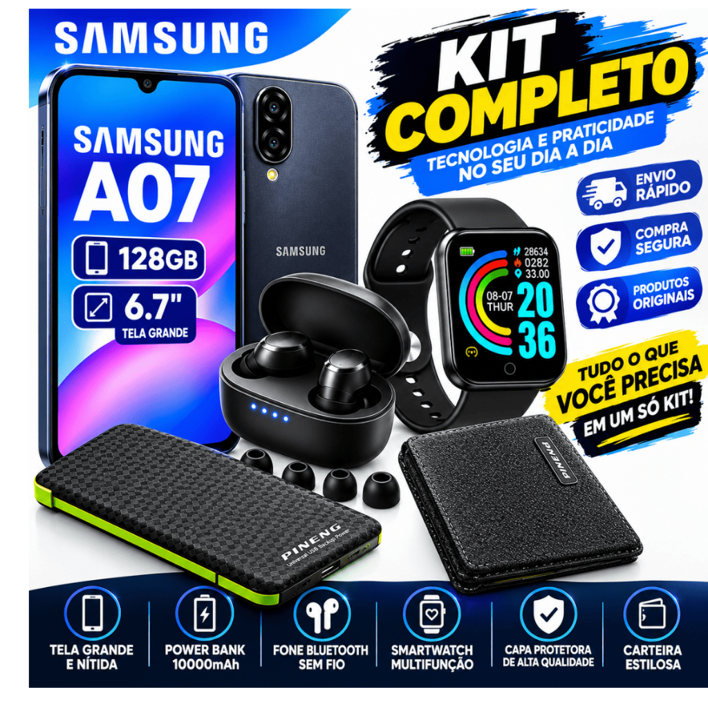 Samsung Galaxy A07 128GB + Power Bank 10000mAh + Fone Bluetooth + Smartwatch Kit Completo