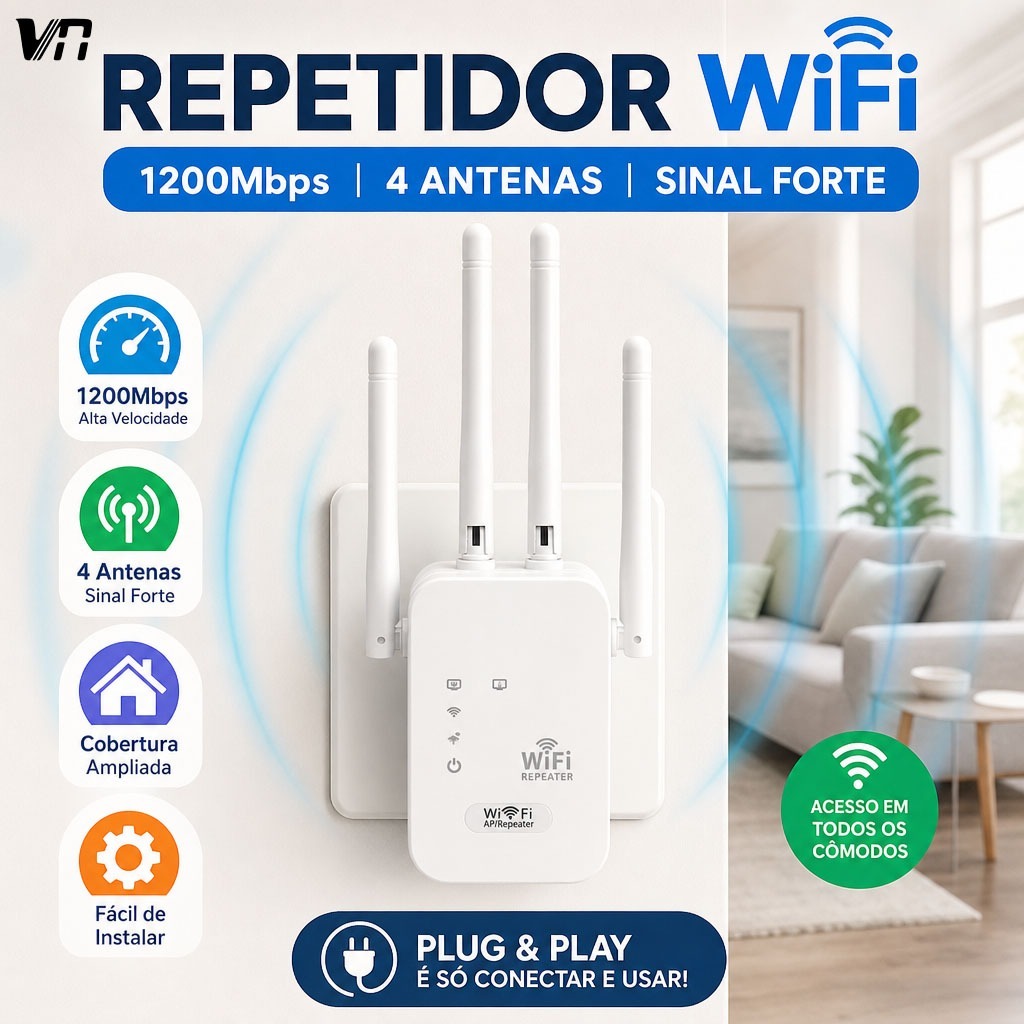 Repetidor WiFi 1200Mbps 4 Antenas Sinal Forte Atravessa Paredes Fácil Instalação Plug and Play ZJQ