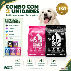Kit Duplo Pó Higiênico 1kg Seca Xixi Eliminador de Odores Cães e Gatos EasyPet Limpeza Fácil Ação Bactericida Aroma
