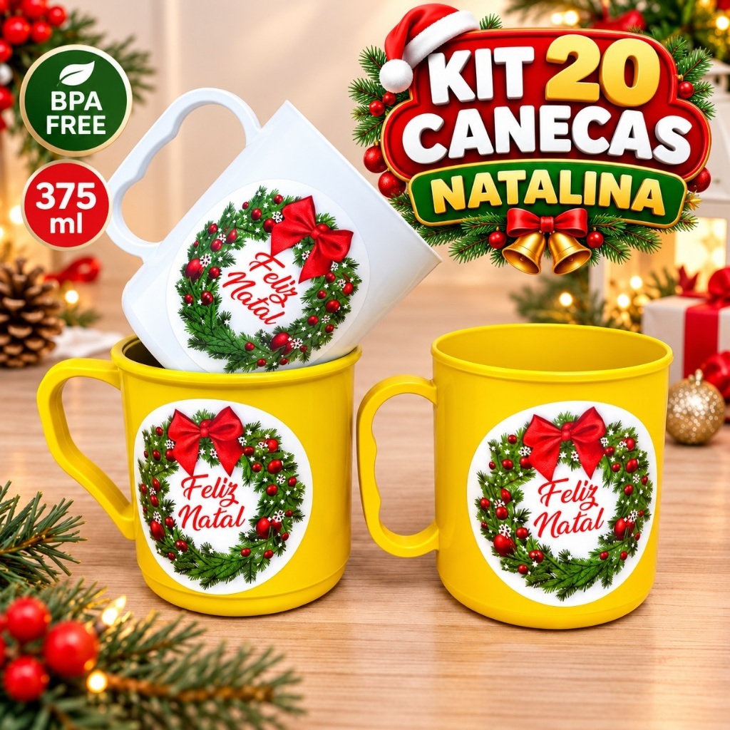 Kit 20 Canecas De Plástico Feliz Natal Presente Personalizada Natalina Cesta De Natal Lembrancinha Escola Igreja Empresa