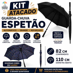 Guarda Chuva Grande Reforcado Automático Resistente Portaria Masculino Preto ou Xadrez Cabo Madeira