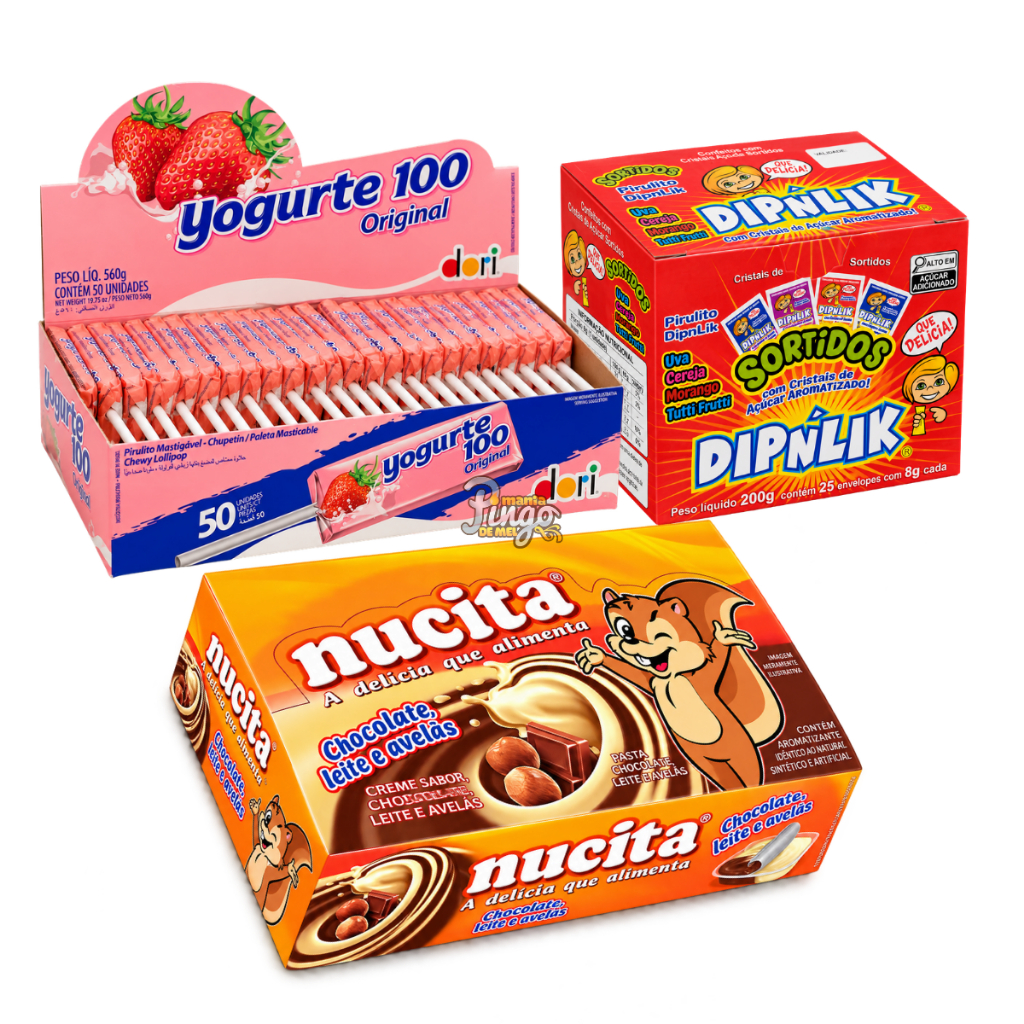Kit Doces Sacola Surpresa Pirulito Yogurte + 2 Caixas Dipnlik e Nucita Bicolor