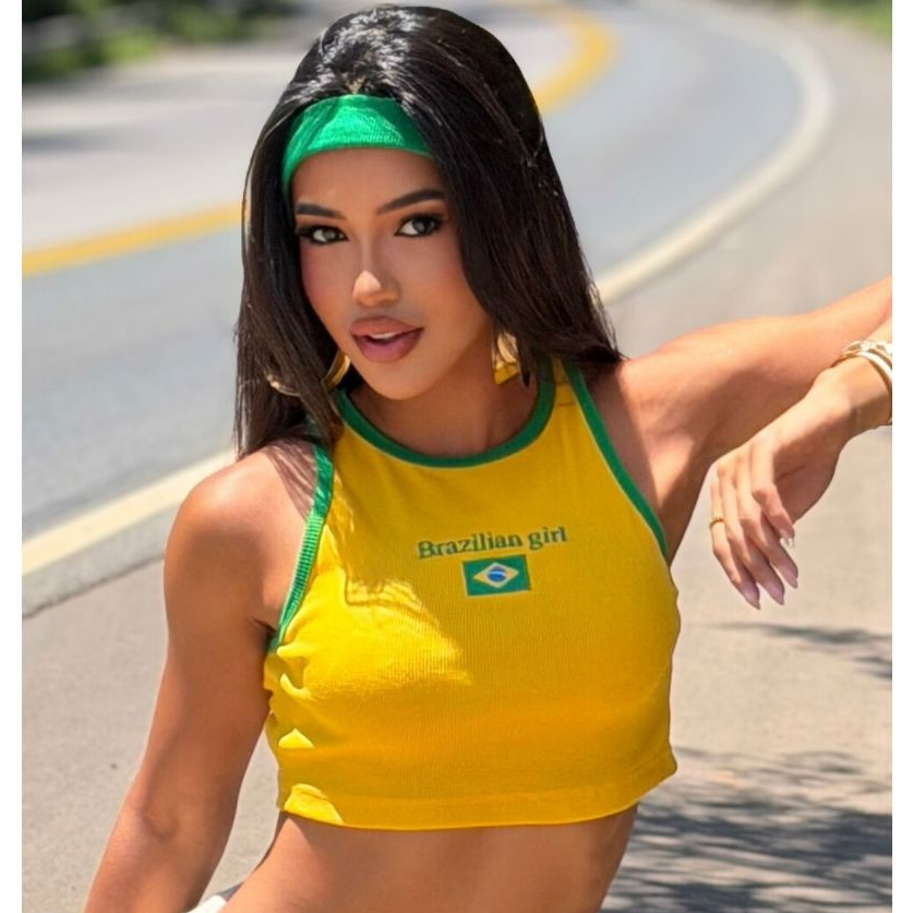 Blusa regata copa bordada blogueira com faixa headband brasil futebol em Oferta na Shopee