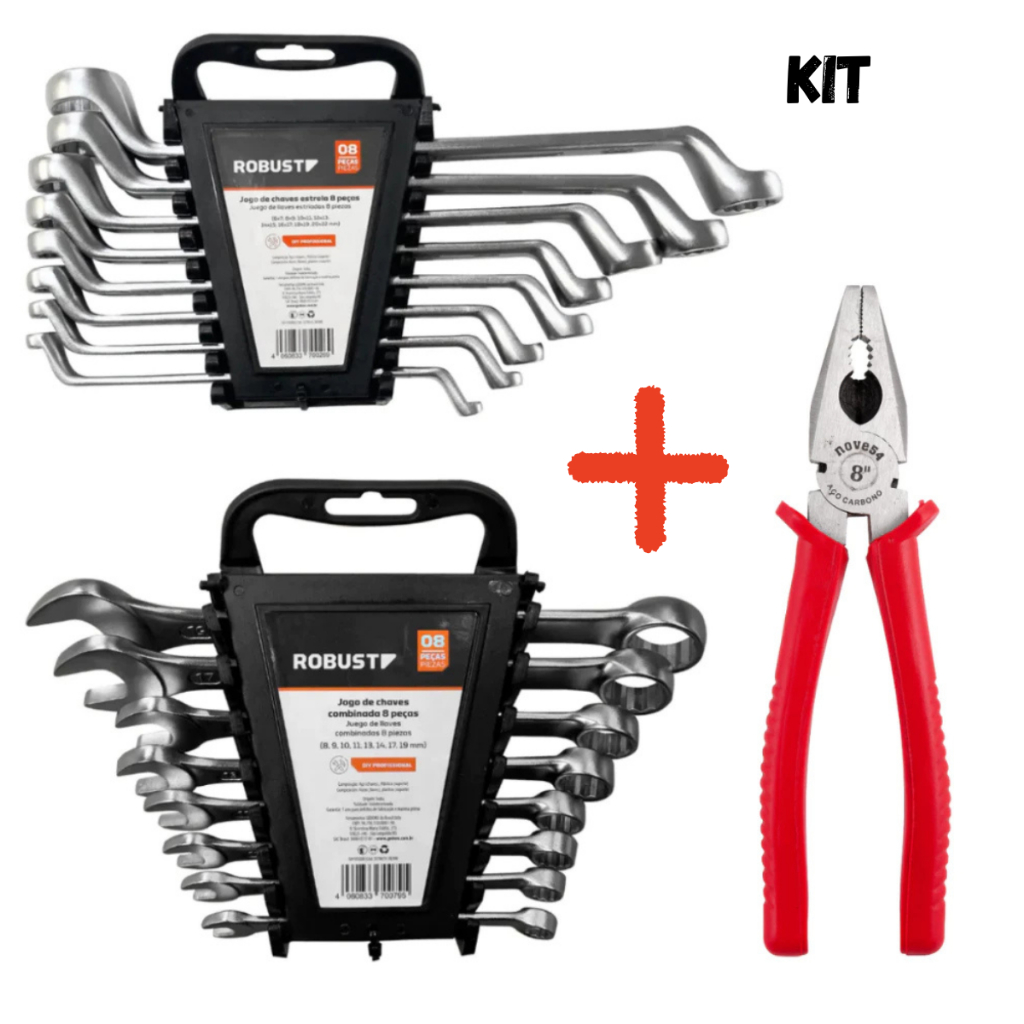 Kit Jogo 08 Chave Combinada Robust + Estrela Fixa + Alicate 8" Profissional Mecânica Eletricista