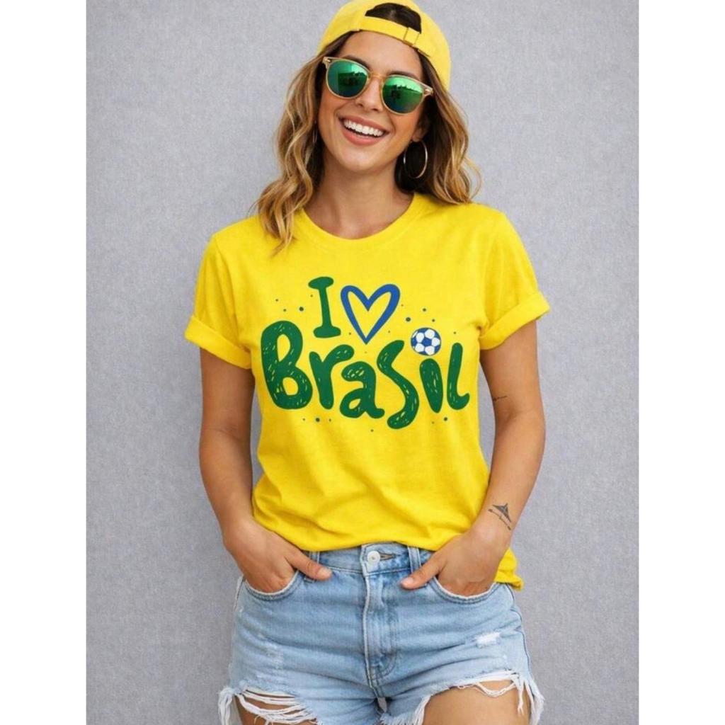 Camiseta Feminina Blusa Copa Do Mundo I love Brasil Seleção Brasileira 100% Algodão Unissex