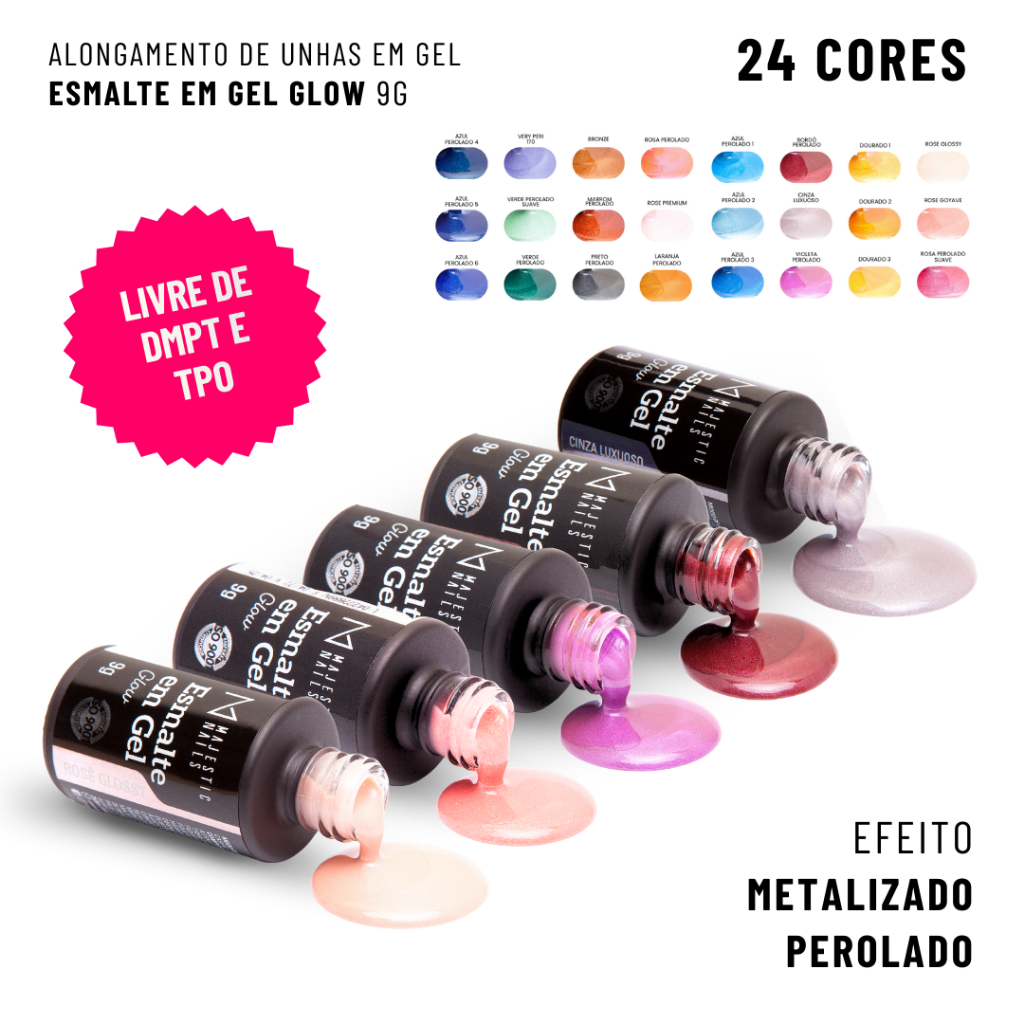 ESMALTE em GEL Linha Glow (24 cores) Metalizado, Brilho, Perolado, Sem TPO | 9g | Majestic Nails em Oferta na Shopee