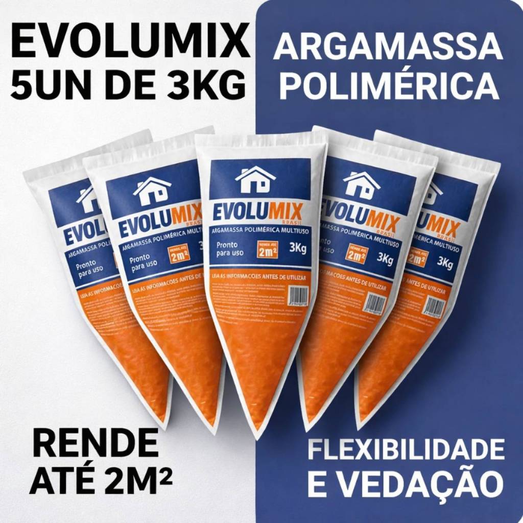 Kit 5 de 3Kg Un Argamassa Polimérica 15kg Evolumix | Alto Rendimento Obra Rápida Sem Desperdício
