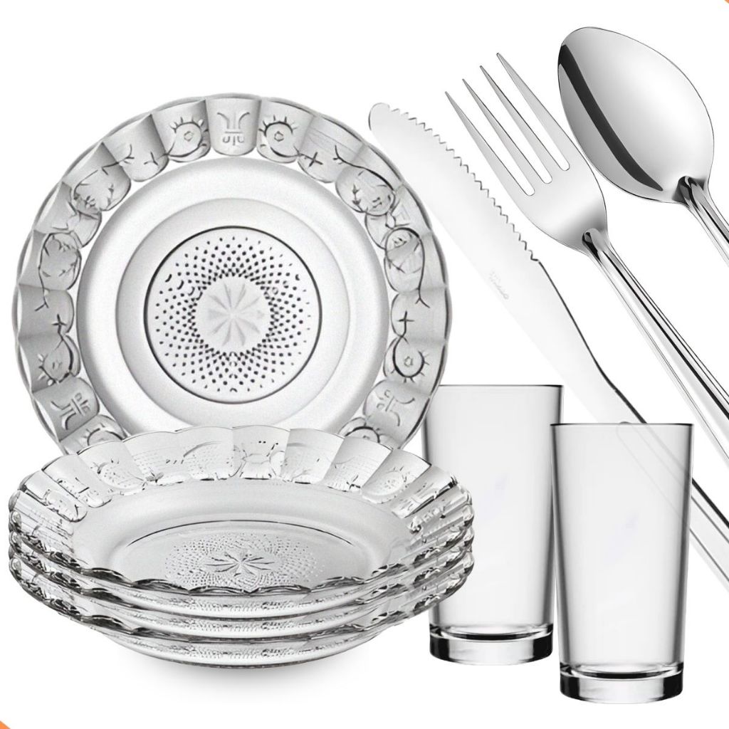 Jogo De Pratos Fundos C/20 Peças Aparelho De Jantar Em Vidro, Talheres Inox em Oferta na Shopee