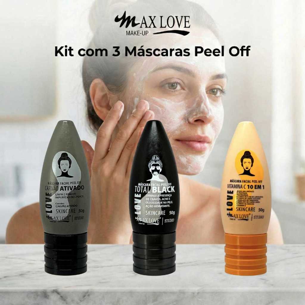Kit com 3 Máscaras Peel Off - Carvão Ativado, Total Black, Vitamina C 10em1 Max Love