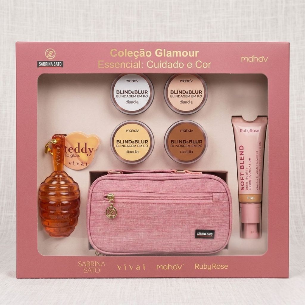 Kit Completo Maquiagem Glamour Mahav + Ruby Rose 4 Pós Blindagem Blind & Blur + Base Soft Blend + Gloss Lip Honey Tedd