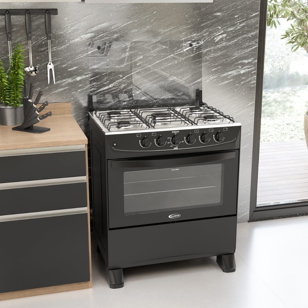 Fogão De Piso a gás Delicato Clarice 5 Bocas - Preto Fosco- Mesa Inox - Acendimento Manual