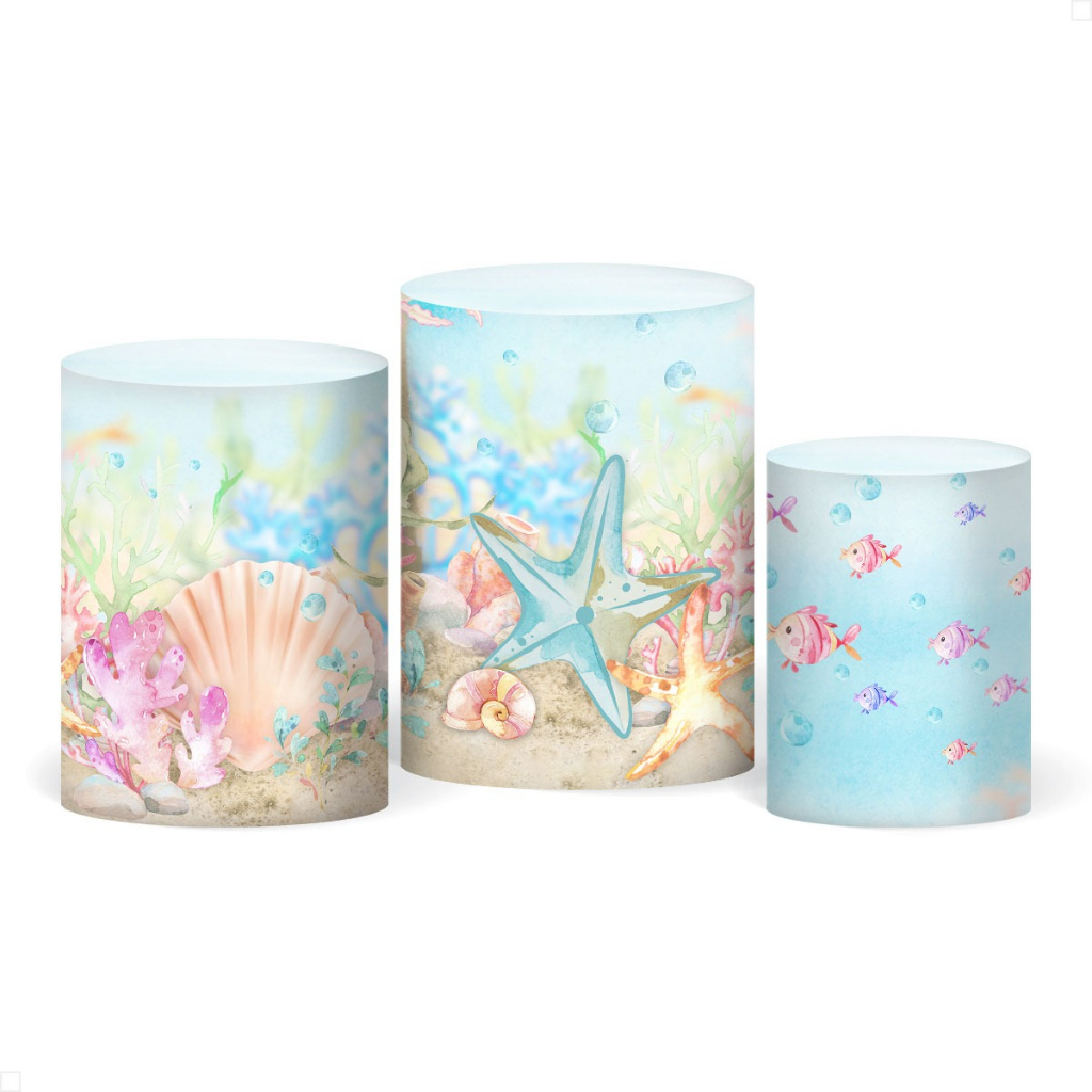 Trio Capa De Cilindro Sublimado Festa Vest Facil Malha New Tema Fundo Do Mar Baby Sereia Infantil Decoração