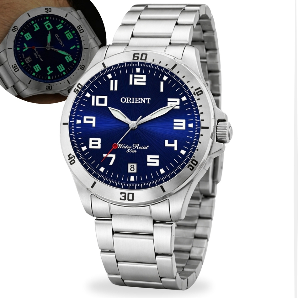 Relógio Orient Analógico Masculino Clássico Prateado Quartz Em Aço Inox Calendário Prova D'água 5 ATM Original