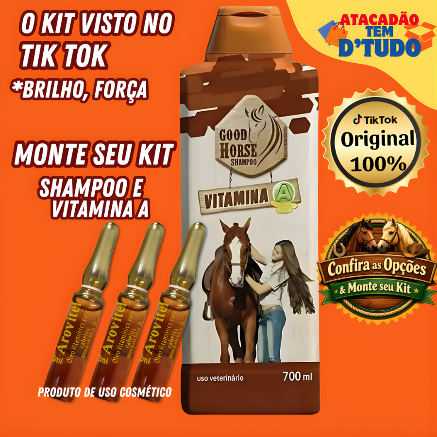 Kit Capilar Good Horse + Arovitel Vitamina A 2ml – Brilho, Força e Cabelos Saudáveis- Uso Cosmético em Oferta na Shopee