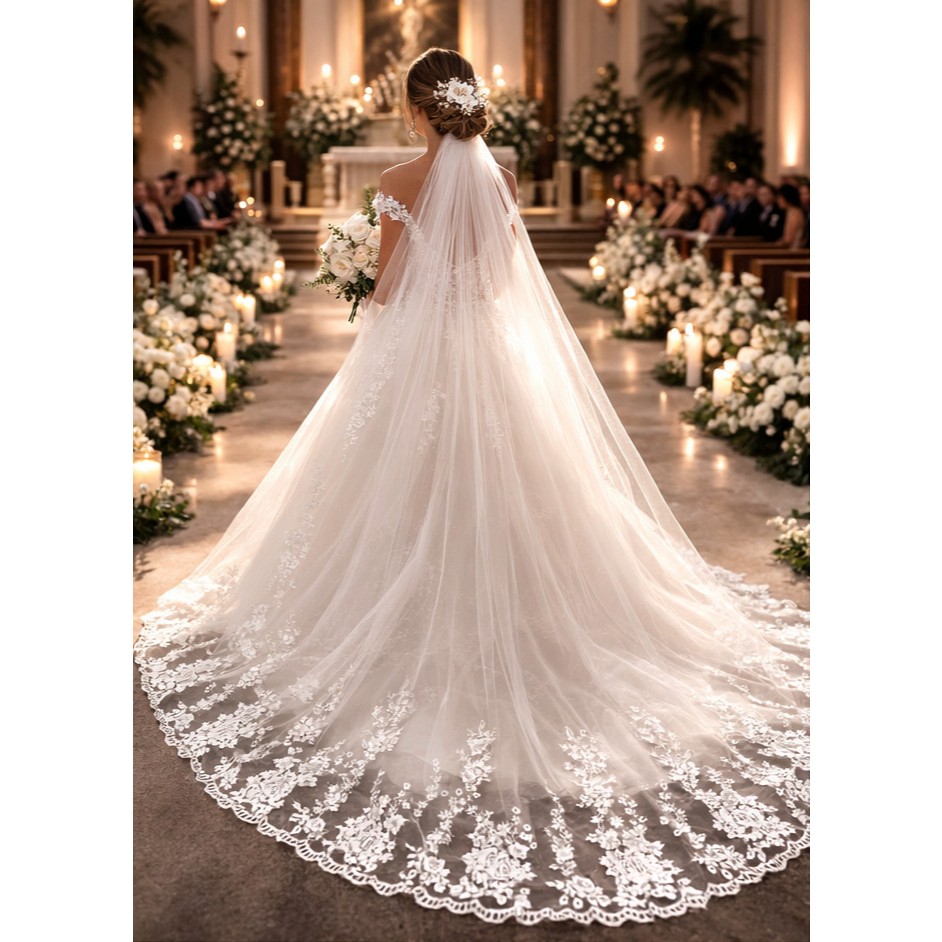 Linda Mantilha Véu LUXO para Noiva 3.5 Metros Renda Floral Bordado a mão ( Tule Frances) para Casamento Com Pente