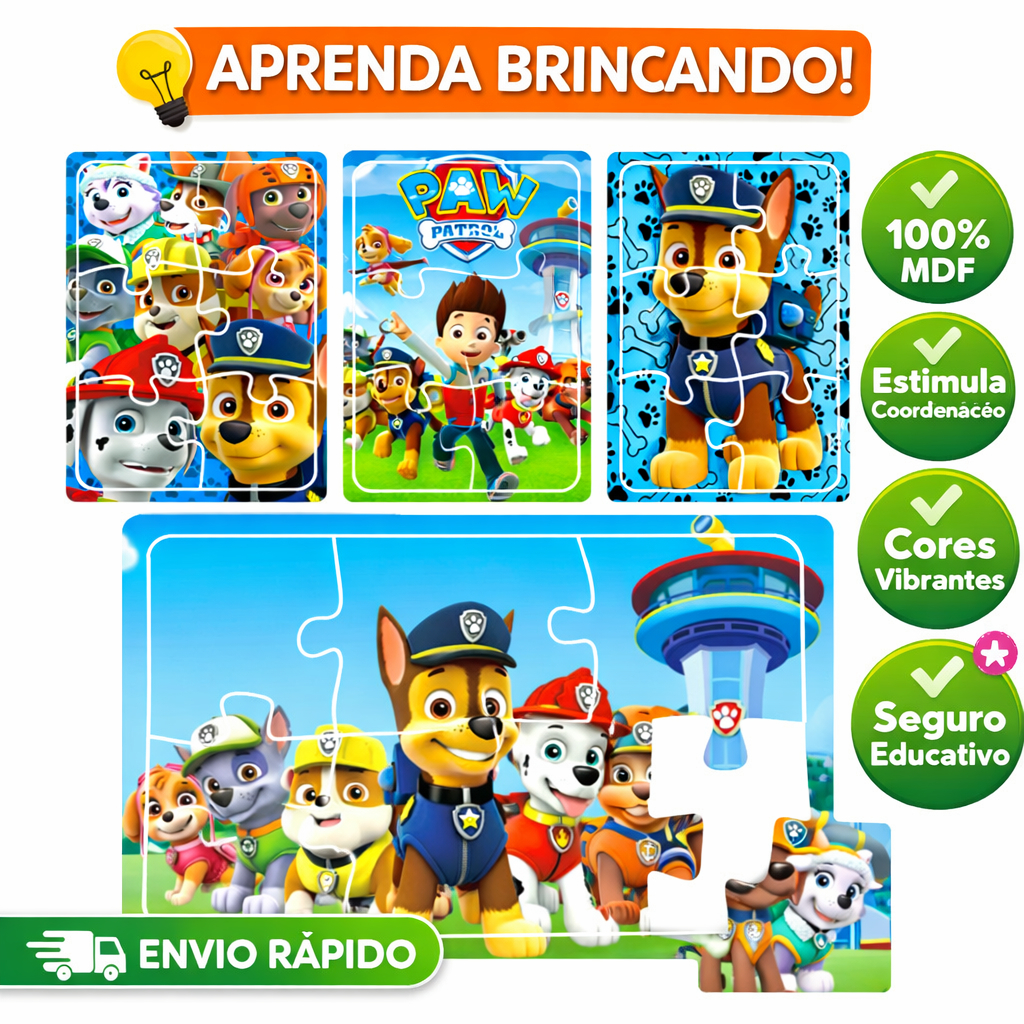 Kit 4 Quebra Cabeça Infantil Ludico e Educativo - Brinquedo que educa Jogos para meninos tema Patrulha Canina