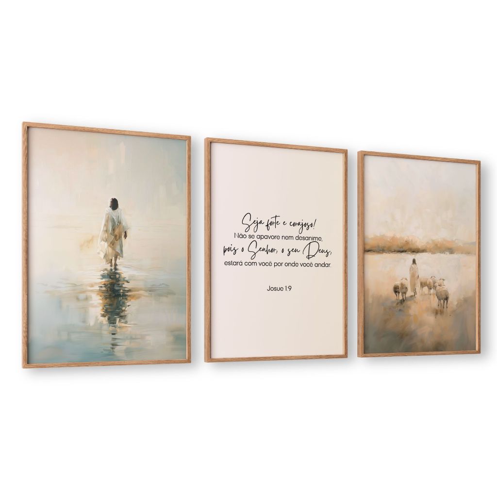 Kit 3 Quadros Decorativos Cristão Jesus sobre Águas, as Ovelhas e Josue 1:9 Seja Forte e Corajoso Com Moldura em Oferta na Shopee