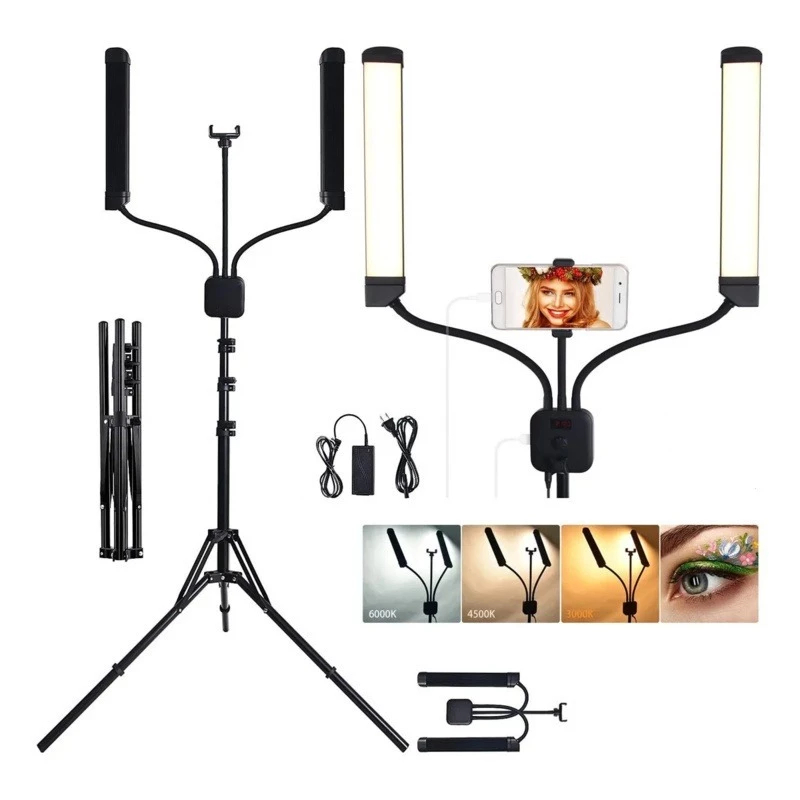 Ring Light Led Com Braços Duplos+Tripe 2.1 Metros Luz de Preenchimento de 45W Iluminação LED Bicolor HD-45X
