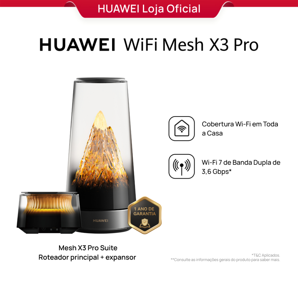 HUAWEI WiFi Mesh X3 Pro | Roteador | Wi-Fi 7 de Banda Dupla de 3,6 Gbps | One-Hop | HomeSec | Game Turbo | Shark Fin