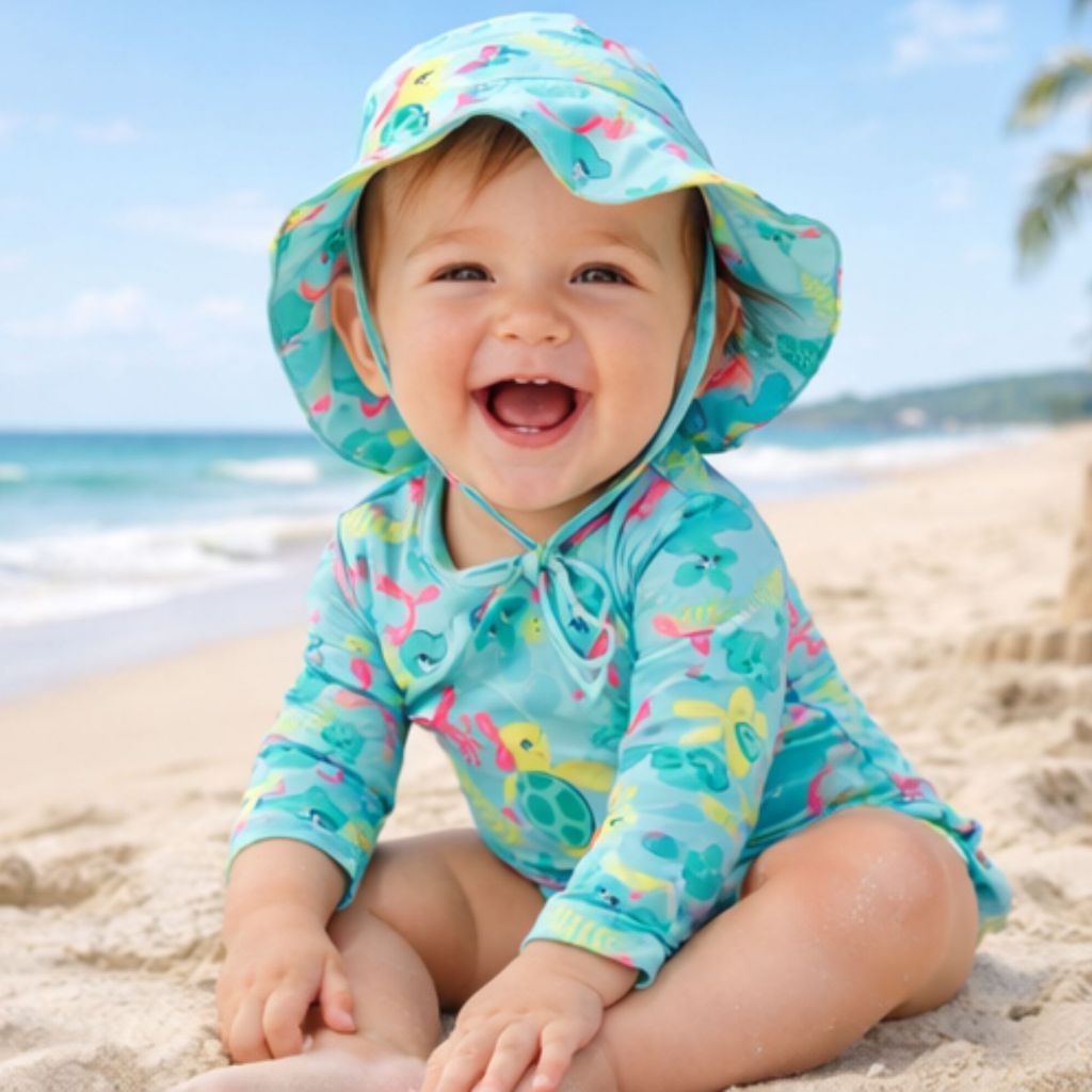 Conjunto Maiô E Chapéu Bebê Menina Manga Longa Moda Praia Piscina Verão Proteção Solar Uv 50+