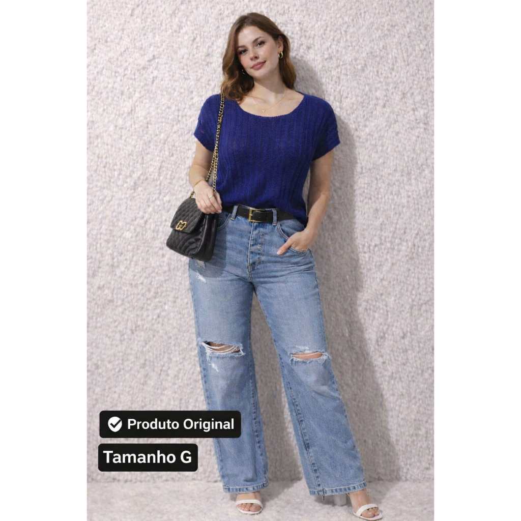 🔥 Blusa Feminina Tricô Azul Royal Tamanho G 💙 | Malha Canelada | Usado Conservado | Confortável e Estilosa Envio Ja