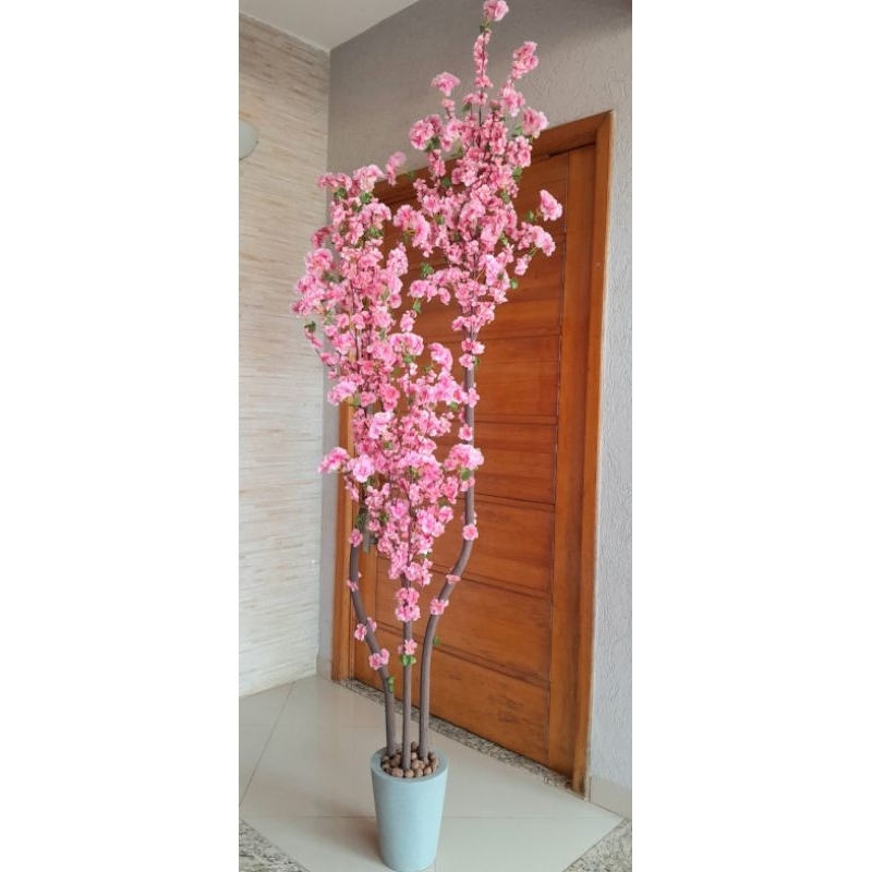 Planta, Árvore Cerejeira 2,50mt Sakura Flor Rosa artificial Grande + Vaso Decorativo