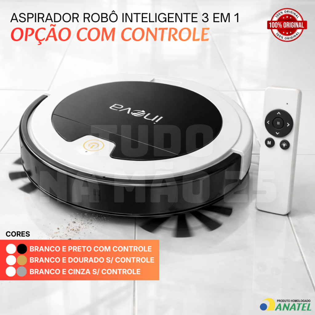 [ORIGINAL] ROBÔ ASPIRADOR Inteligente COM CONTROLE REMOTO 3 em 1 ASPIRA VARRE ESFREGA PERSONALIZÁVEL