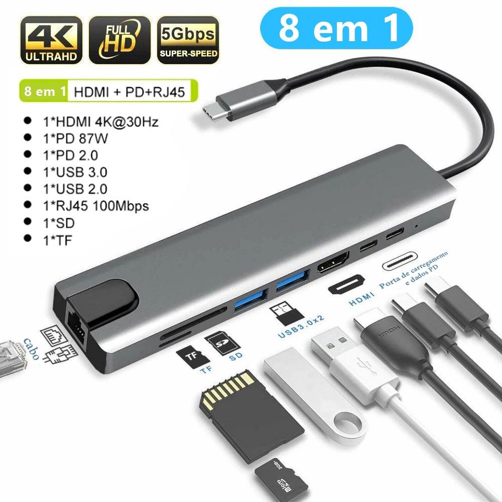 Adaptador Hub Tipo C 7 Em 2 8 em 1 Hdmi Micro Sd Tf M1 4k Usb 3.0 Para computador todo tipo