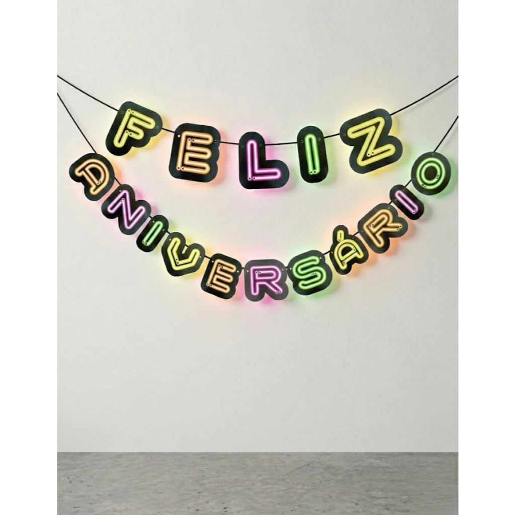 Faixa Letreiro Feliz Aniversário Neon Geek Decorativo11x10cm