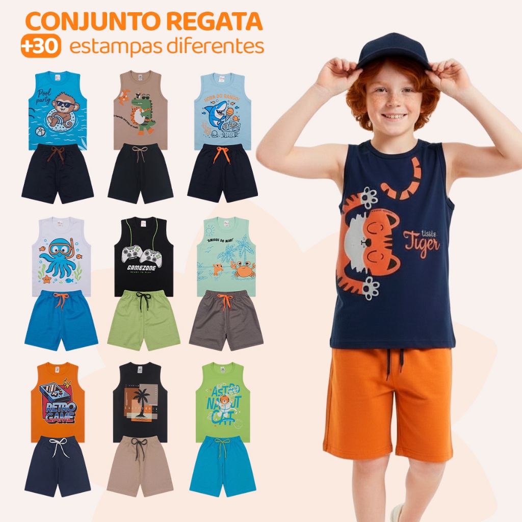 Kit 8 Peças de Roupas Infantil Menino - 4 Regatas + 4 Bermudas Tamanho 1 ao 10 em Oferta na Shopee