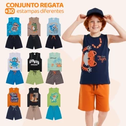 Kit 8 Peças de Roupas Infantil Menino - 4 Regatas + 4 Bermudas Tamanho 1 ao 10