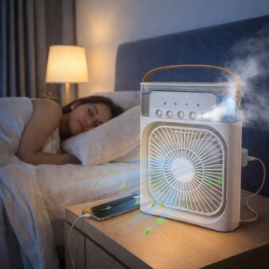 Mini Ventilador Portátil 3 em 1 Umidificador Climatizador Compacto Portátil USB