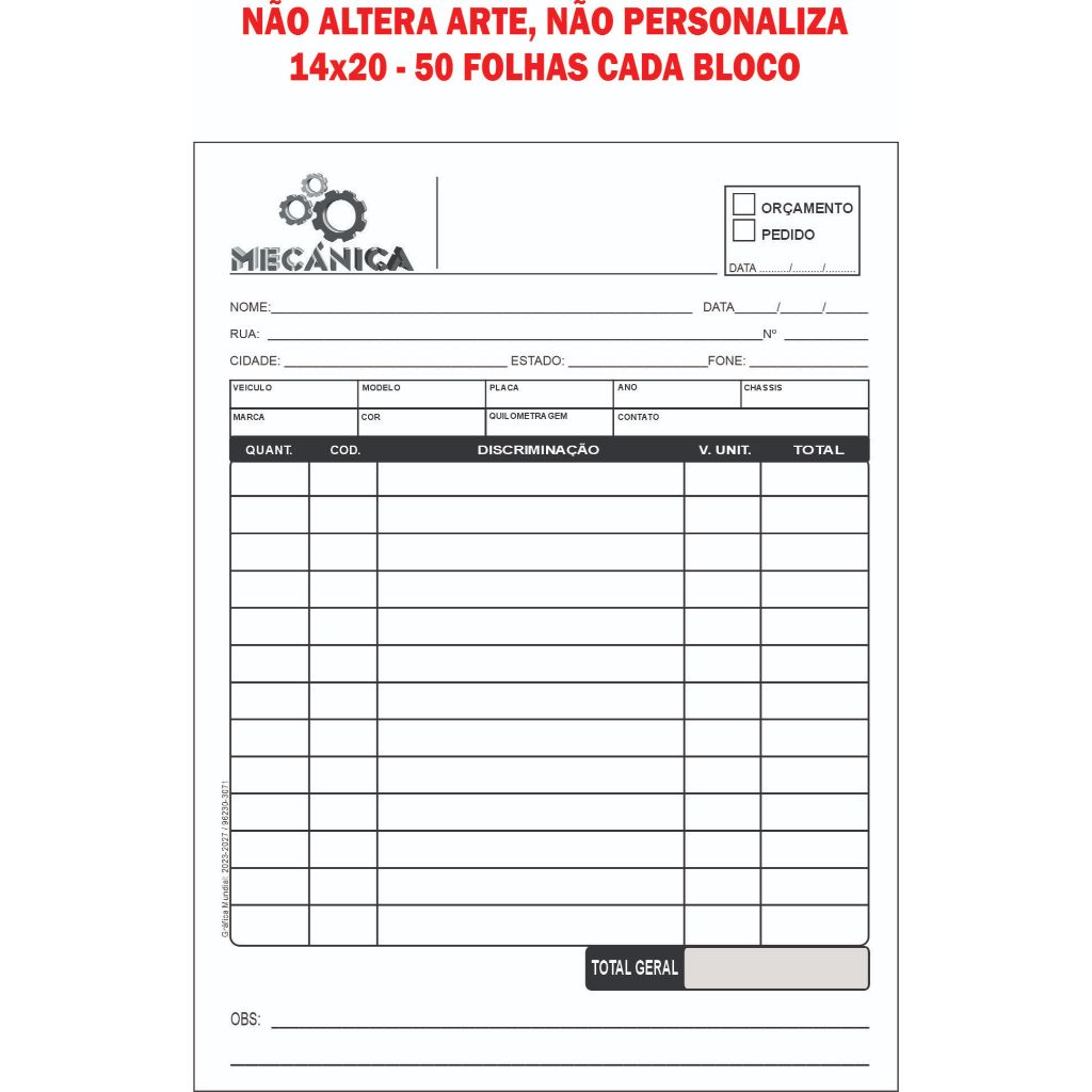 Talões Mecânica Carro e Moto 14x20, 50 folhas cada bloco, Padrão Papelaria Anotações