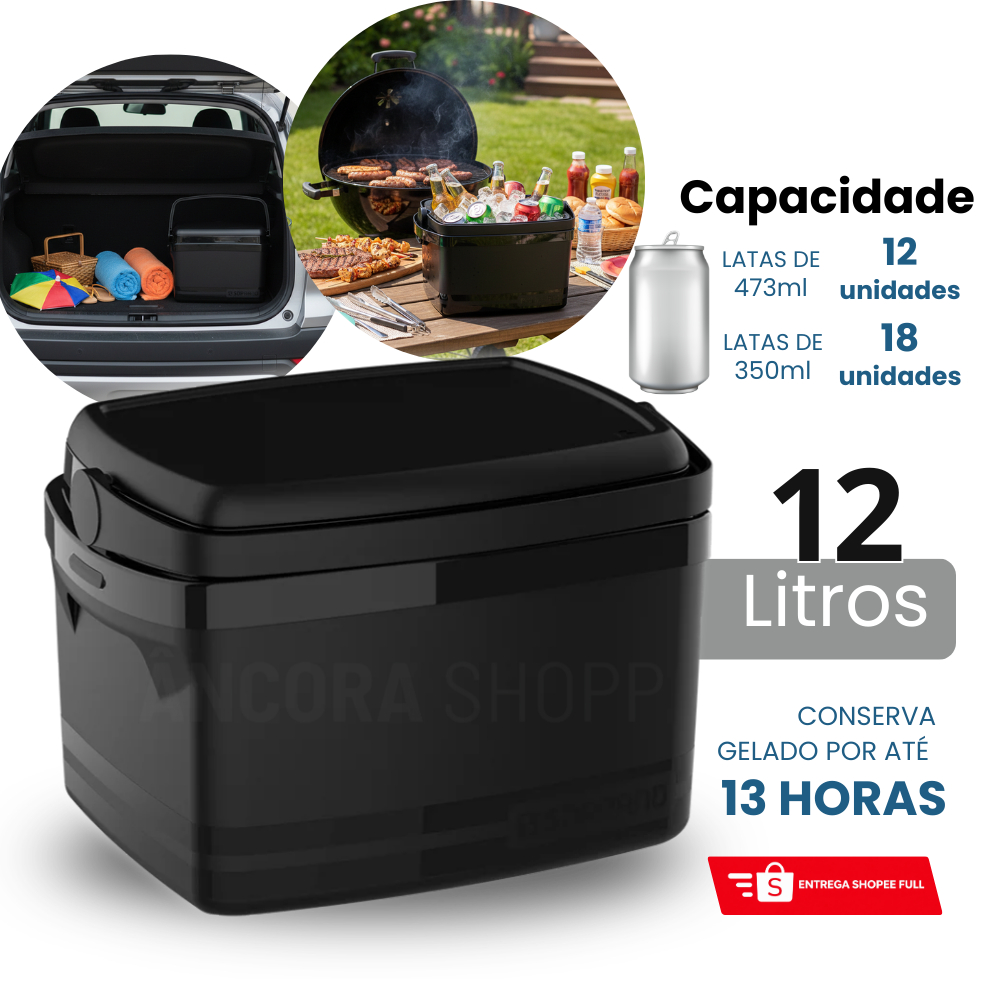 Caixa Térmica Cooler Porta Latas e Garrafa 12 Litros com Alça Preto Soprano