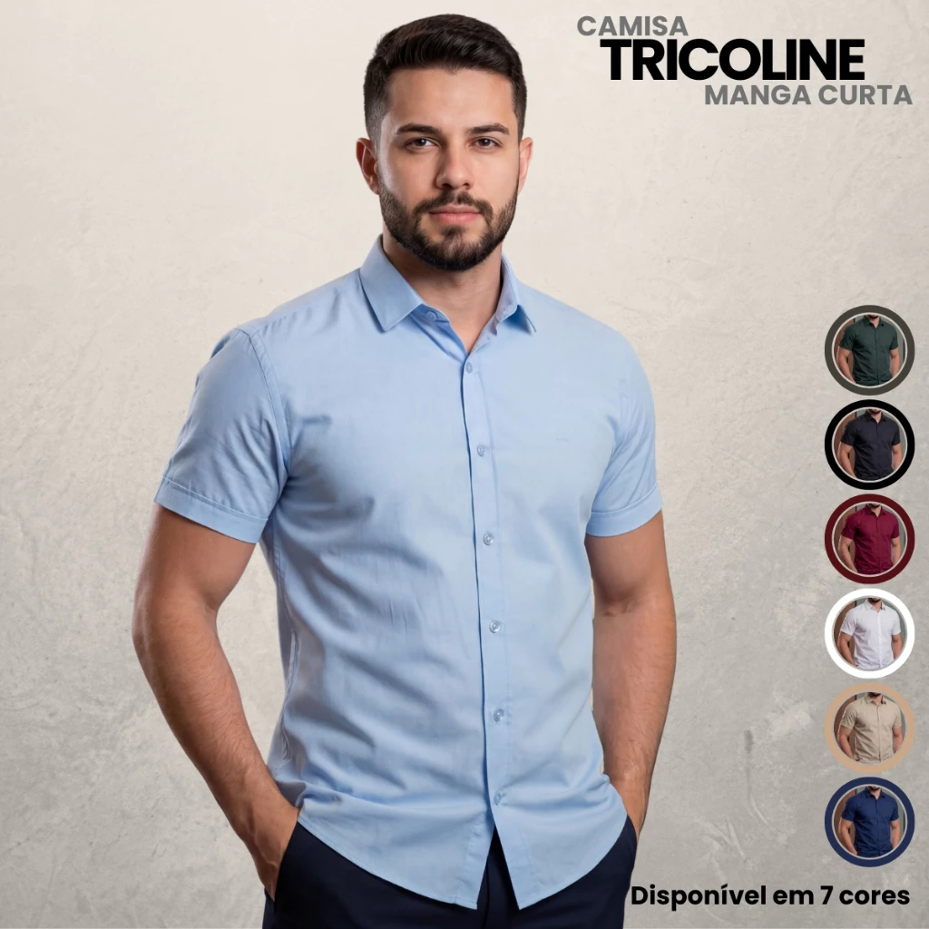 Camisa Social Masculina Slim Fit com Elastano –  Manga Curta e Sem Amassados