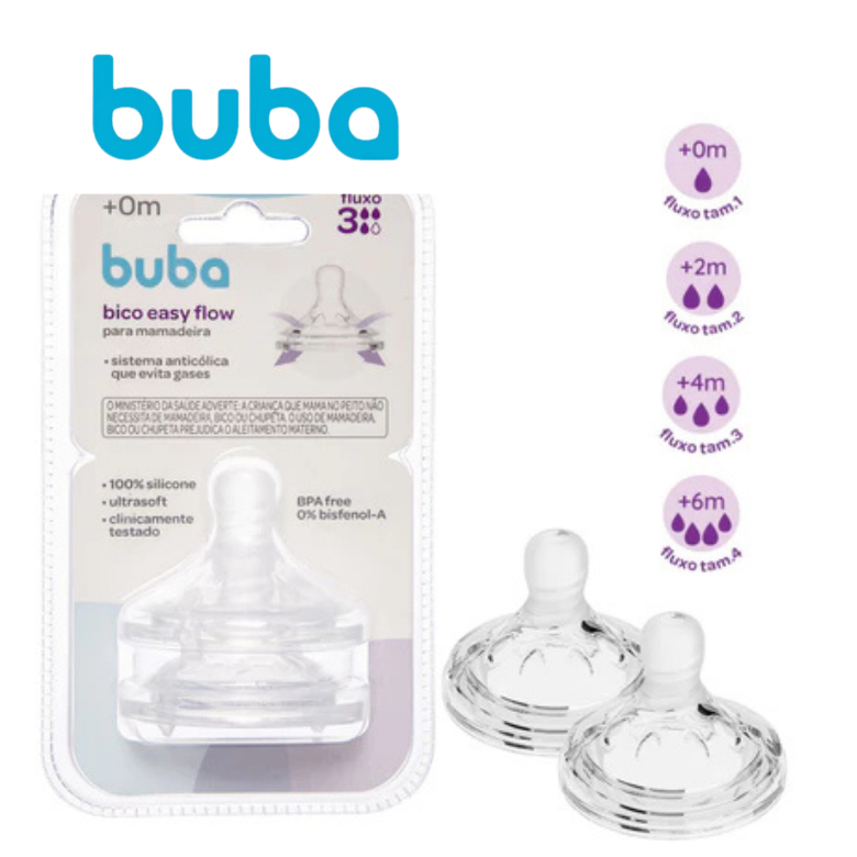 Kit 2 Bicos Extra Buba Easy Flow para Mamadeira – Fluxo 1, 2, 3 ou 4 | Anticólica | BPA Free