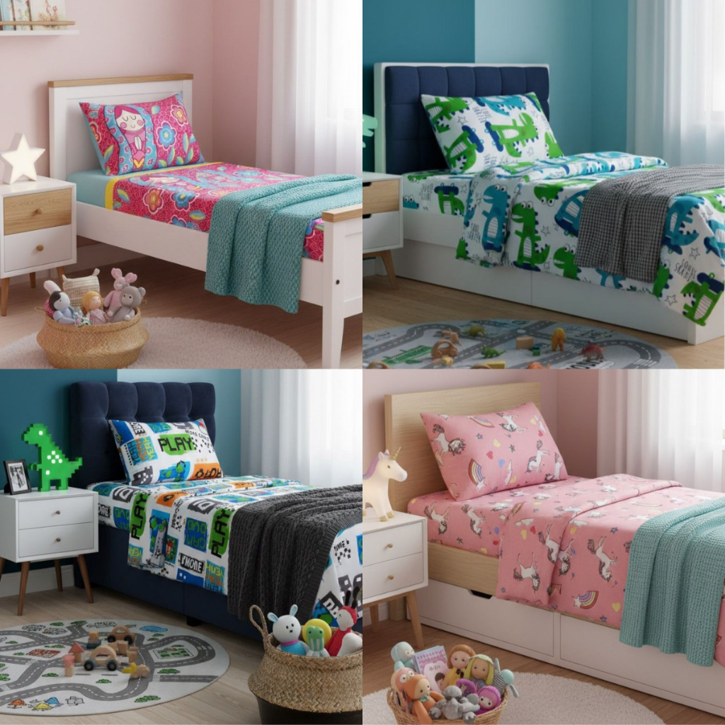 Jogo de Cama Solteiro Kids Infantil Menino e Menina Estampados (Lençol com Elástico + Fronha)