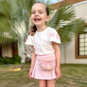 Conjunto Infantil Menina Rosa Listrado com Corações Blusa + Shorts Saia de Pregas Roupa de Verão Infantil