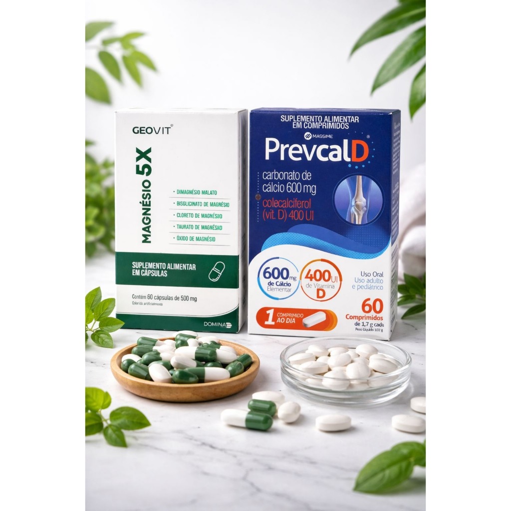 Combo Magnésio 5X + Cálcio com Vitamina D Prevcal D 600mg Ossos e Músculos