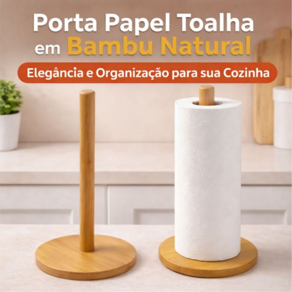 Porta Papel Toalha Bambu Natural Suporte Vertical Para Cozinha Bancada Mesa Base Estável 29cm