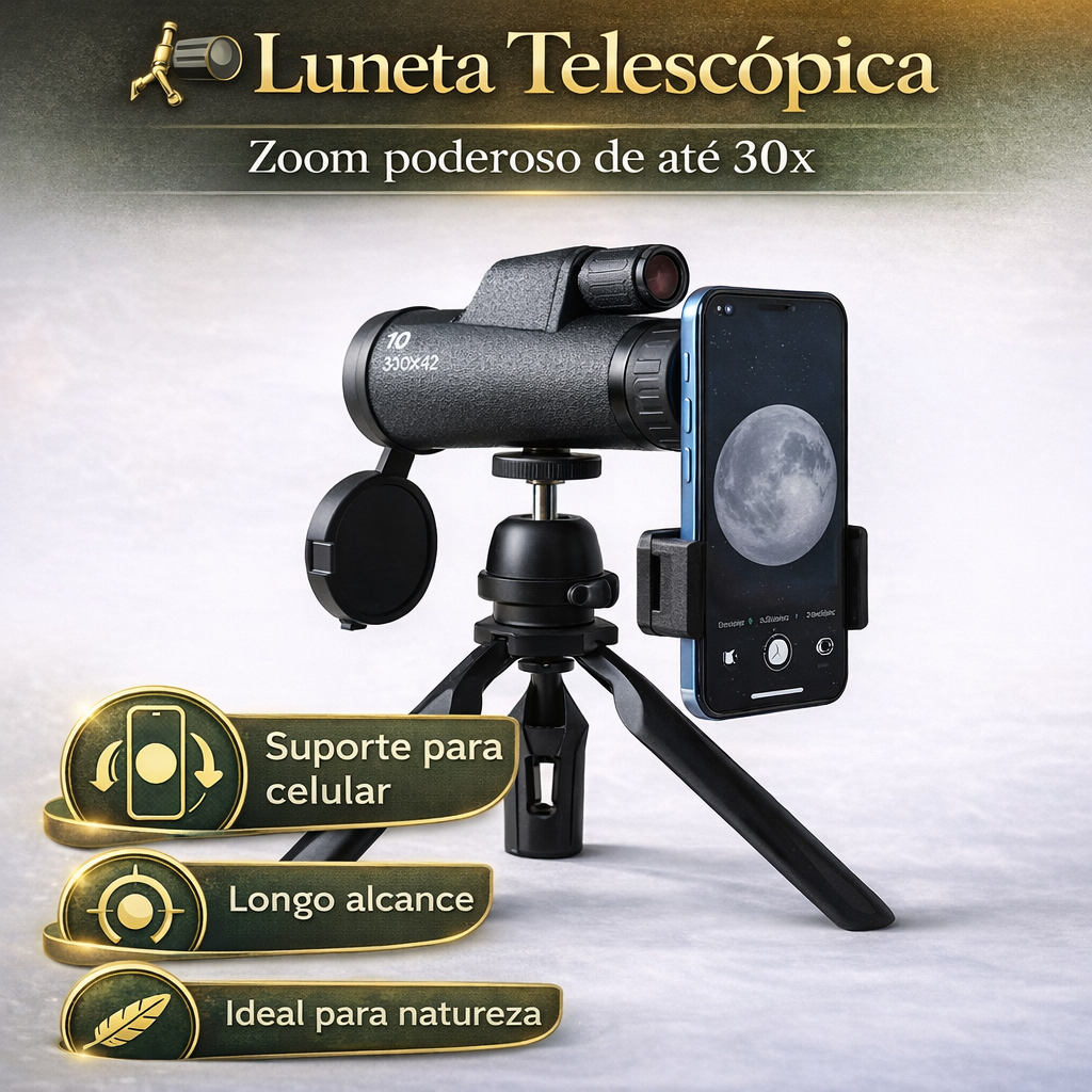 Luneta Telescópica 10-30x42 com Tripé e Adaptador Celular Binóculo Monocular Alta Potência para Observação,
