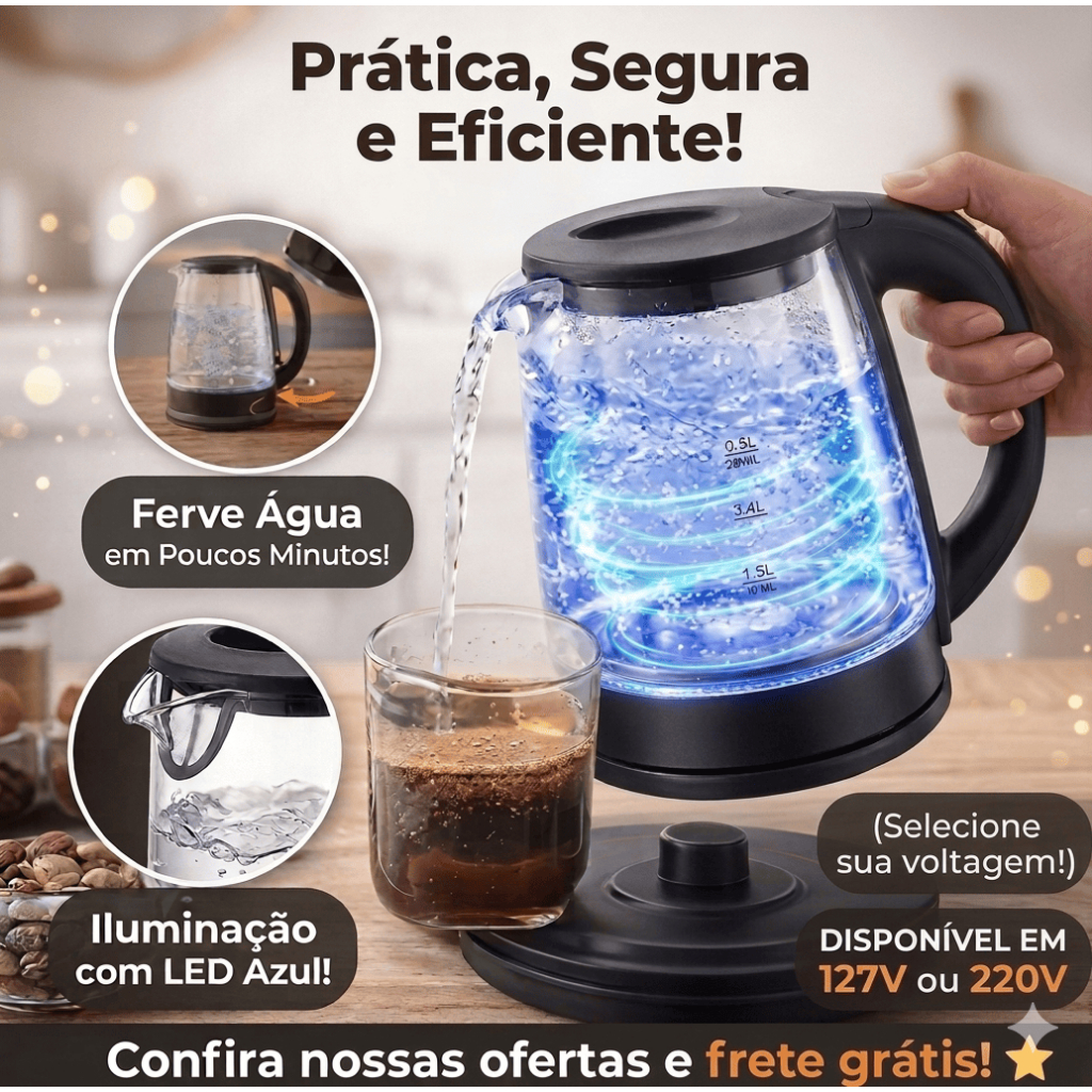 Chaleira Elétrica de Vidro 2L com LED | Desligamento Automático | Base 360°Ferve Rápido