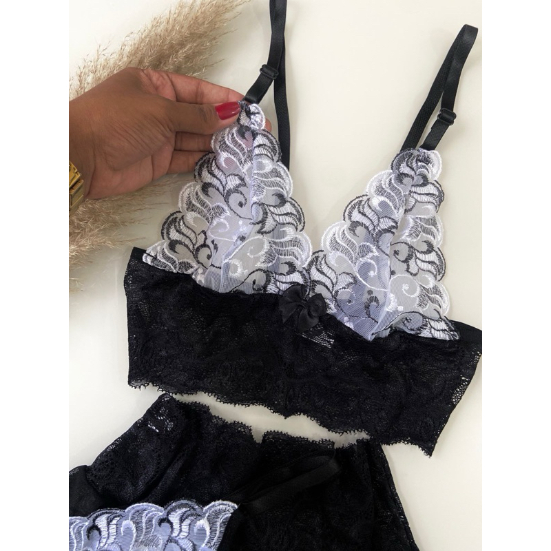 conjunto de lingerie 3 peças - Trio de Sutiã +calcinha +sainha -                                     CONJUNTO FLORIBELLA