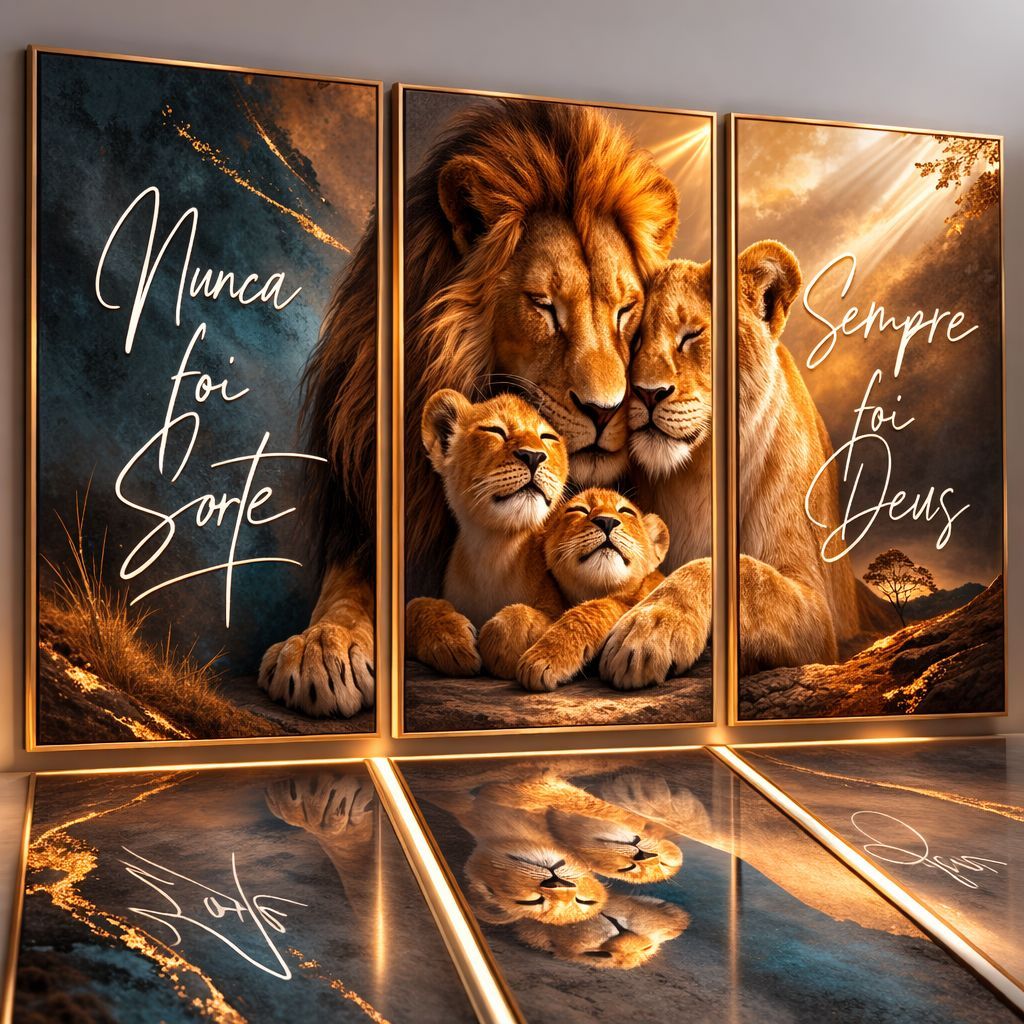 Kit 3 Quadros 122x60 Sala Decorativo Leão Motivação Familia Fé
