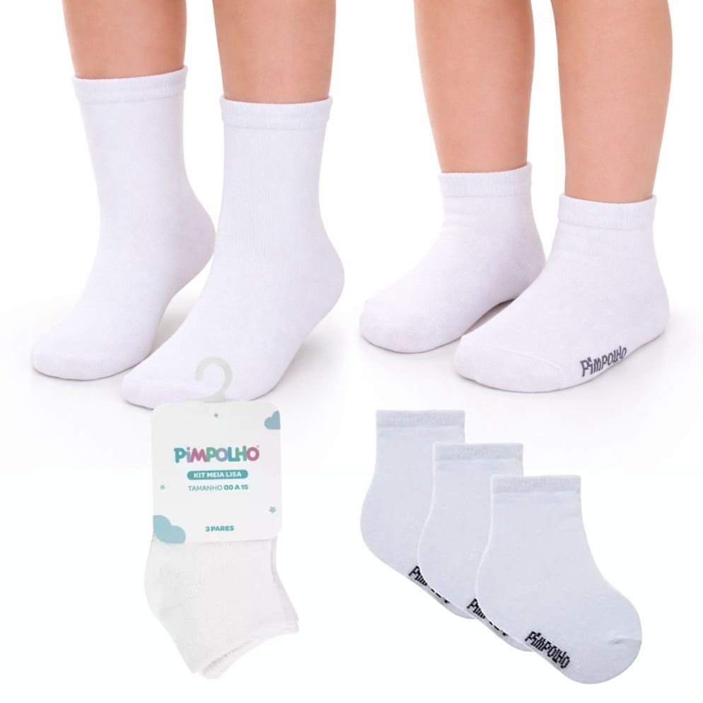 Kit 3 Pares Meia Pimpolho Branca Infantil Algodão Menino Menina em Oferta na Shopee